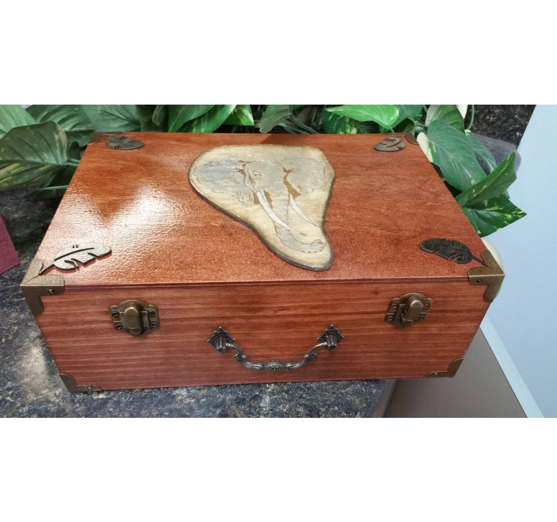 Hand Crafted Wood Box with a Wood Engraved and Hand Painted Elephant