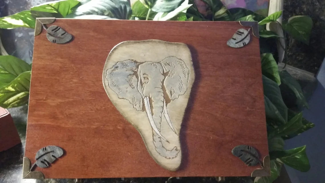 Hand Crafted Wood Box with a Wood Engraved and Hand Painted Elephant