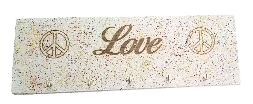 Love with Peace Sign Multi Splat Color Handmade Wooden Key Rack, Key Holder, Key Storage, Love and Peace, Multi Color Key Rack