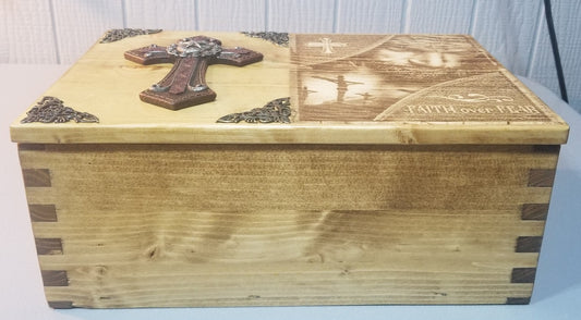 Engraved Jesus Handmade Wooden Bible Box with Brown Cross "Faith Over Fear" Memory Box, Religious Box, Bible Case, Memorial Box, Keepsake