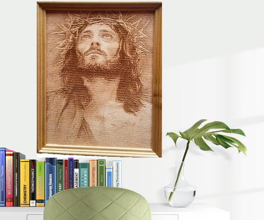 Engraved On Wood Jesus with a crown of thorns 8x10 with Frame Free Shipping
