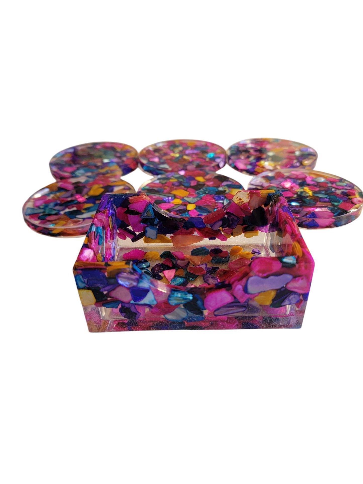 Set of 6 Coasters Multi Color Natural Seashell Chips and Resin Holder, Drink Coaster, Resin Coaster, Seashell, Wedding Birthday, Coaster Set