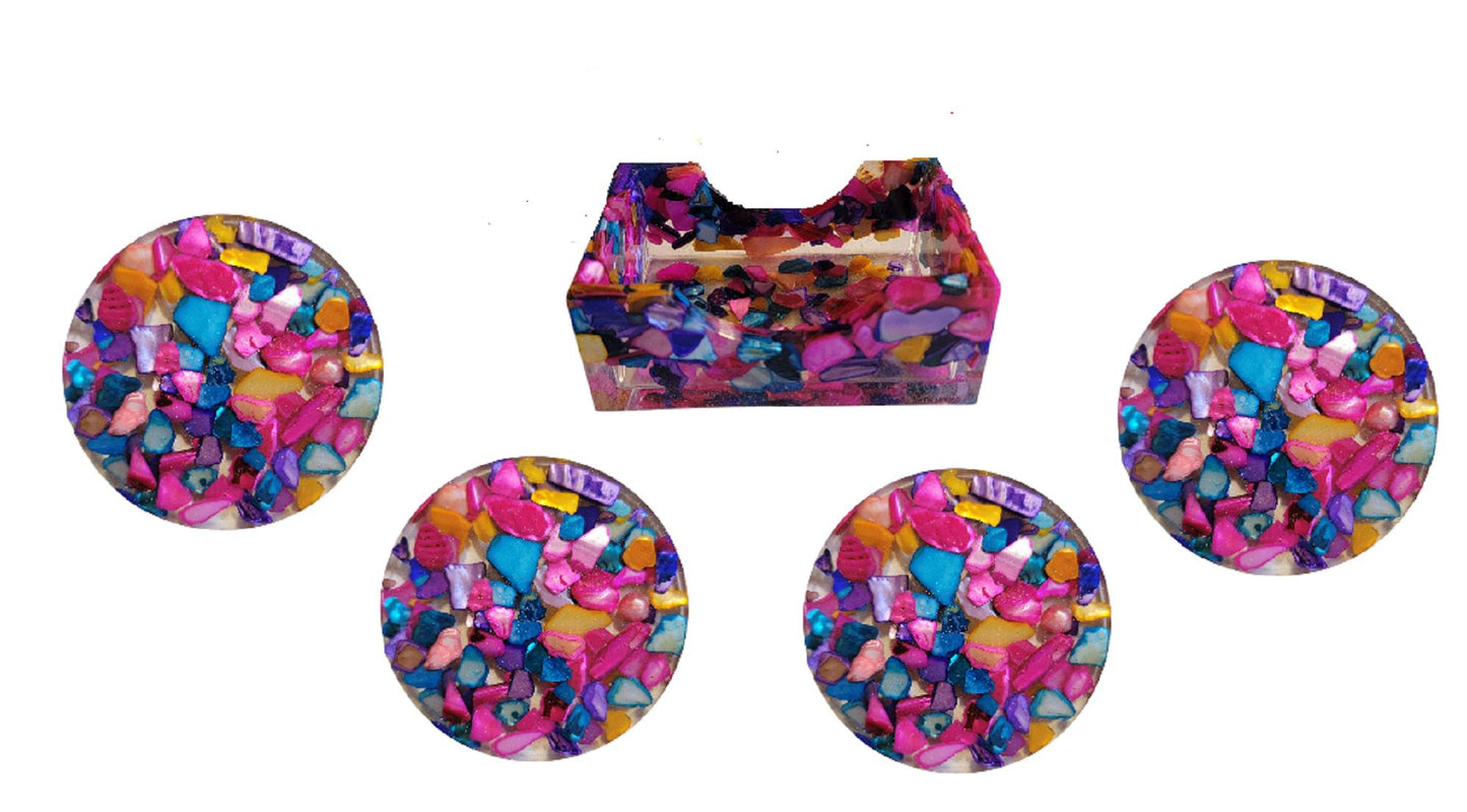 Set of 4 Coasters Multi Color Natural Seashell Chips and Resin Holder, Drink Coaster, Resin Coaster, Seashell, Wedding Birthday, Coaster Set