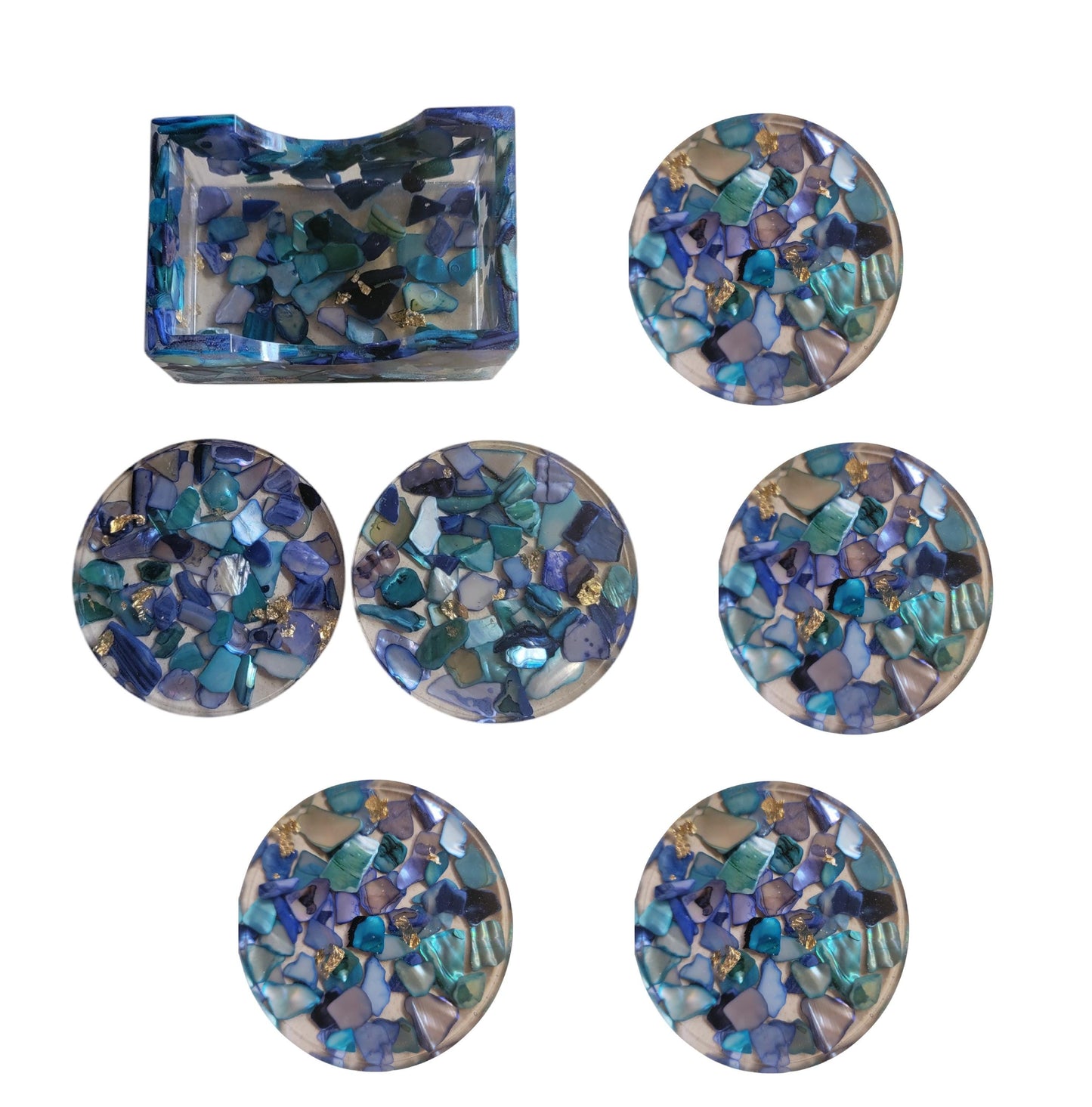 Set of 6 Coasters Blue Color Natural Seashell Chips and Resin Holder, Drink Coaster, Resin Coaster, Seashell, Wedding Birthday, Coaster Set