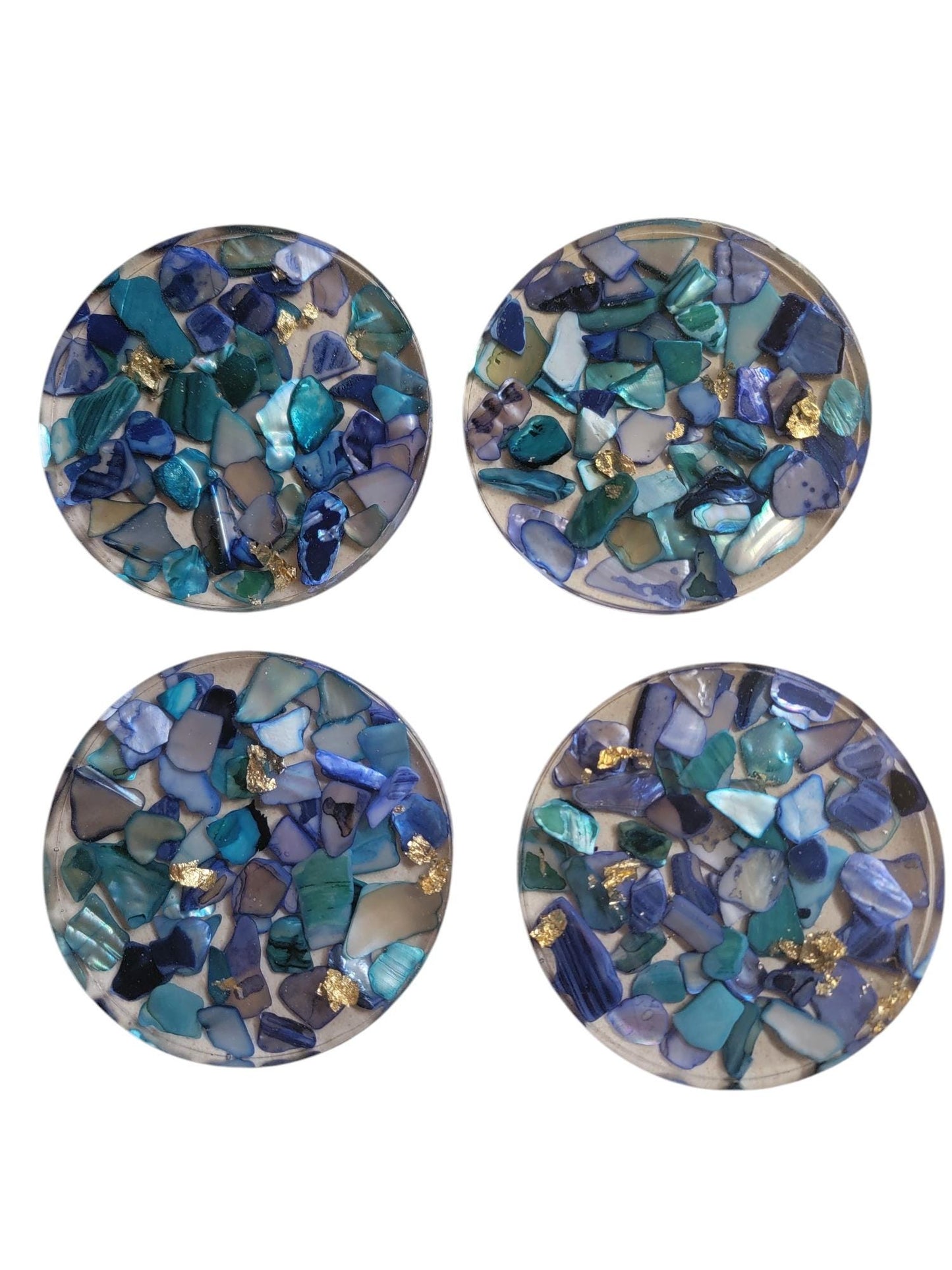 Set of 4 Coasters Blue Color Natural Seashell Chips and Resin Holder, Drink Coaster, Resin Coaster, Seashell, Wedding Birthday, Coaster Set