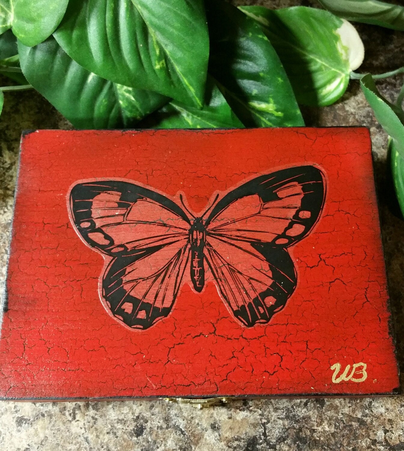 Red Distressed Essential Oil Box with Butterfly, Oil Safe, Wooden Box