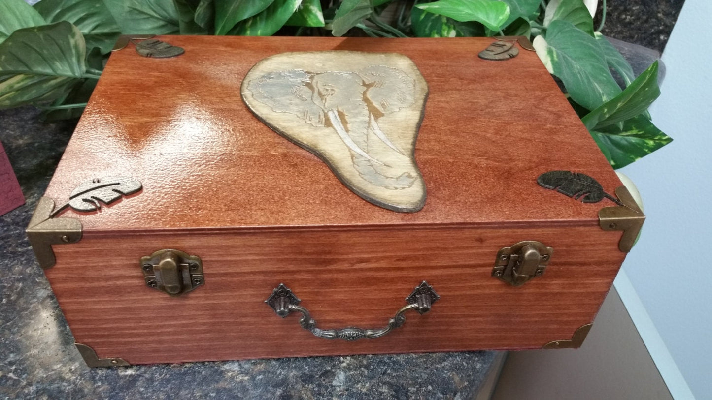 Hand Crafted Wood Box with a Wood Engraved and Hand Painted Elephant