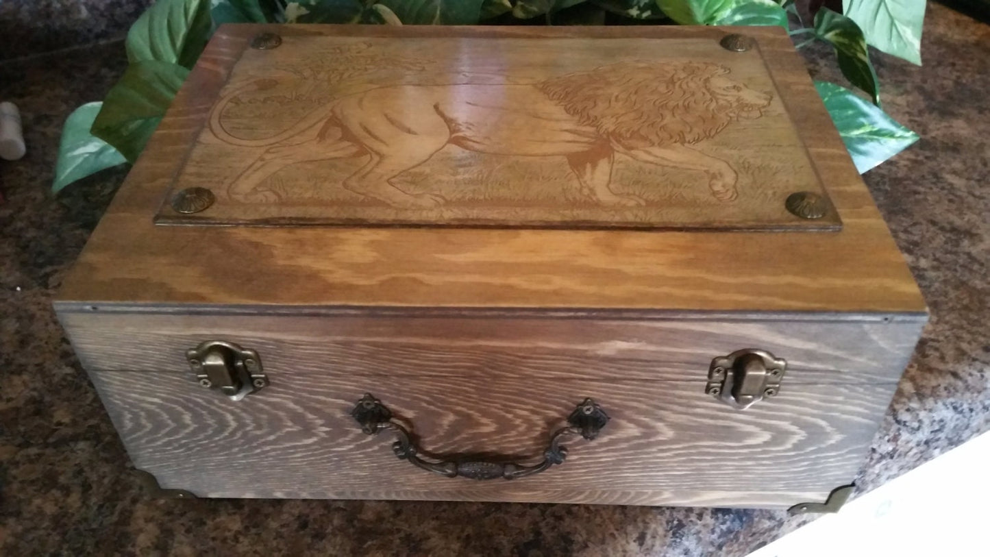Wood Engraved Hand Painted Lion Wooden Keepsake Box, Custom Wood Box, Photo Memory Box,Wood Box