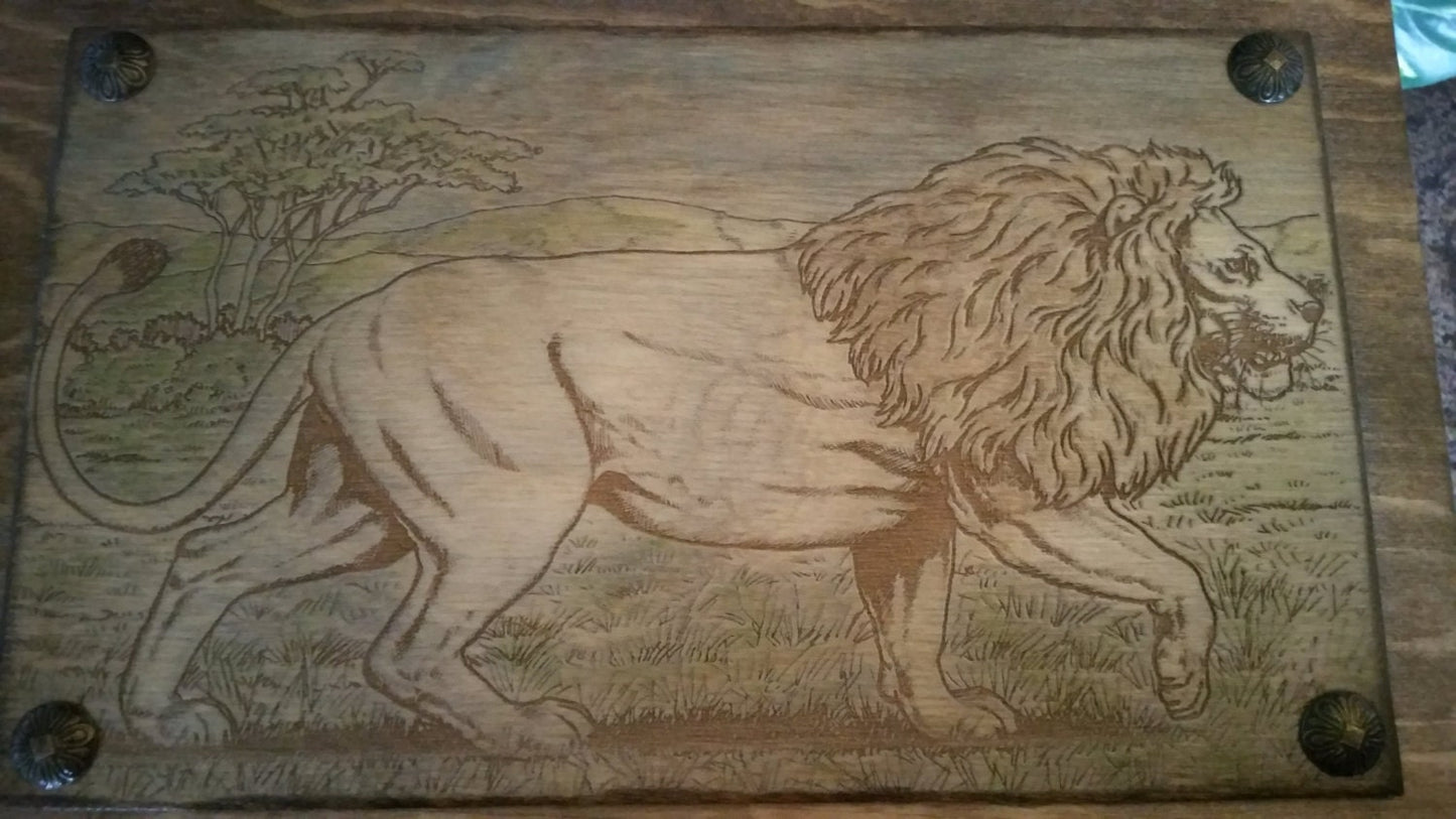 Wood Engraved Hand Painted Lion Wooden Keepsake Box, Custom Wood Box, Photo Memory Box,Wood Box