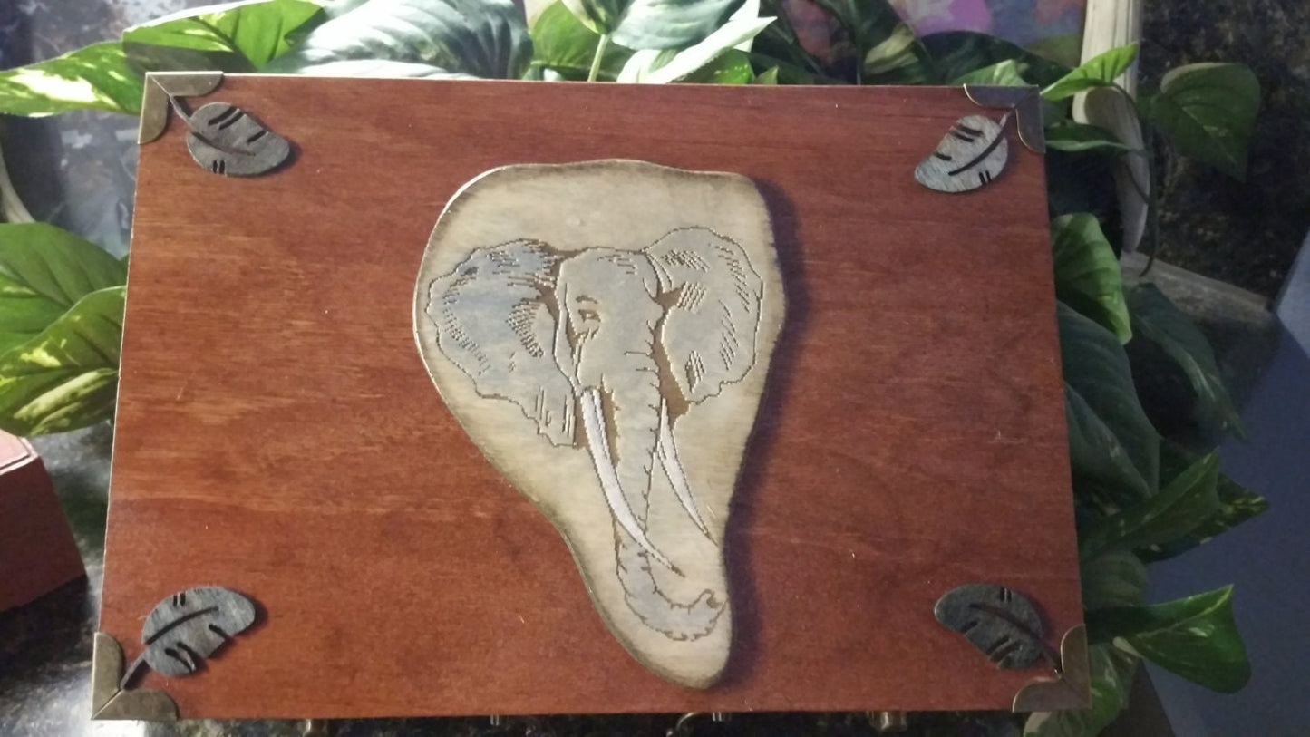 Hand Crafted Wood Box with a Wood Engraved and Hand Painted Elephant