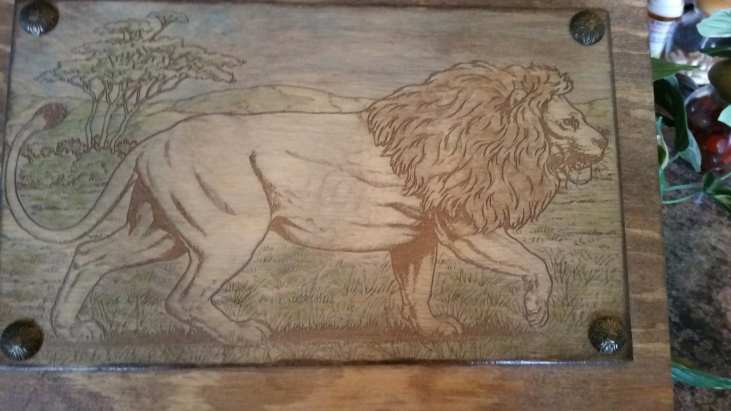Wood Engraved Hand Painted Lion Wooden Keepsake Box, Custom Wood Box, Photo Memory Box,Wood Box