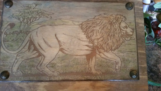 Wood Engraved Hand Painted Lion Wooden Keepsake Box, Custom Wood Box, Photo Memory Box,Wood Box