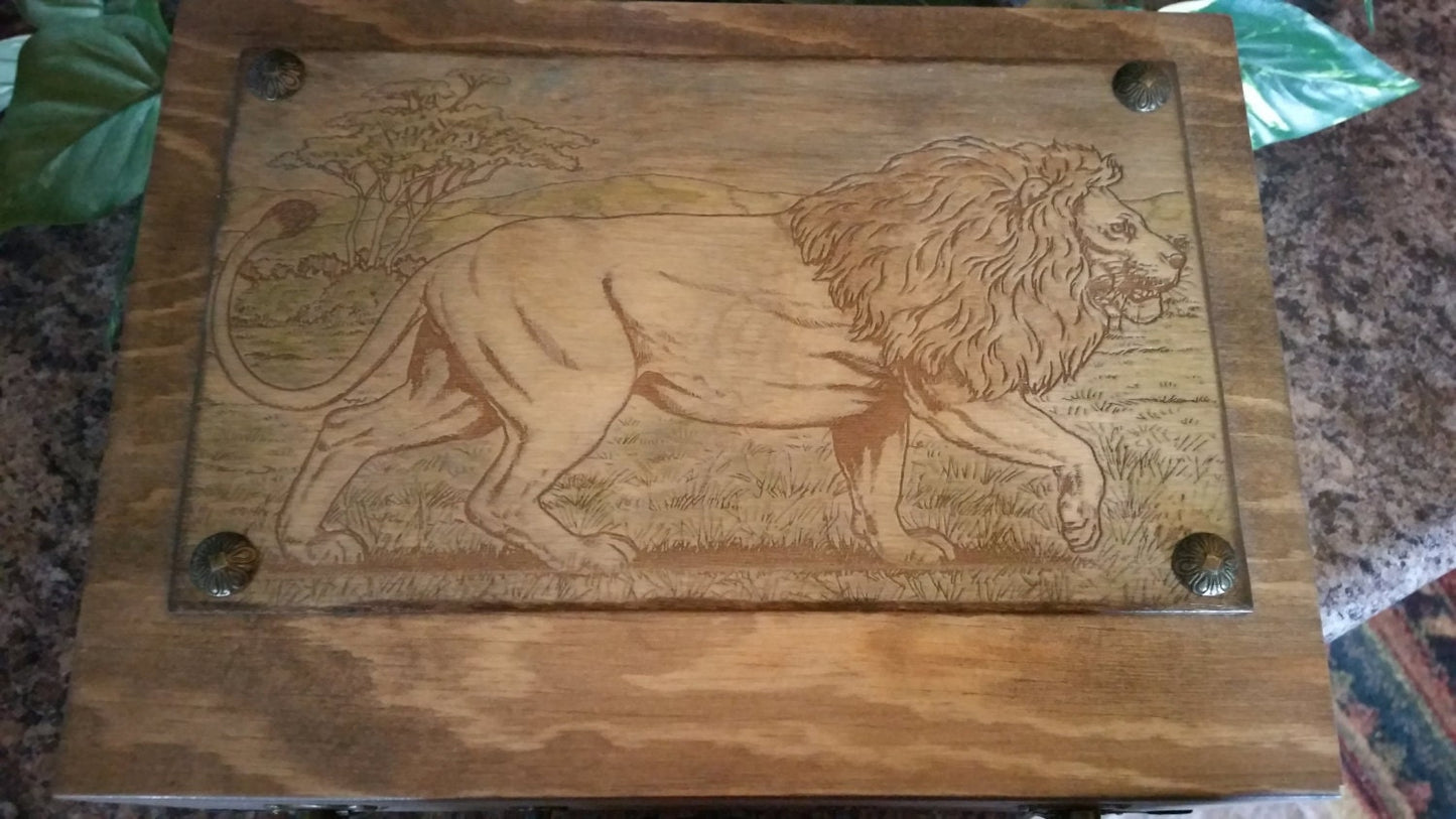 Wood Engraved Hand Painted Lion Wooden Keepsake Box, Custom Wood Box, Photo Memory Box,Wood Box