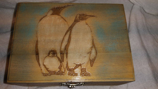 Hand Crafted  Beautiful  Penguins  Wooden Box Hand Painted, Jewelry, Tooth fairy box, Baby box, trinket box, Playing Card Box,Memory Box