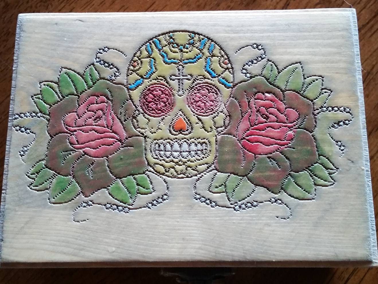Hand Crafted Engraved  Beautiful Sugar Skull with Roses, Hand Painted Wooden Box, Jewelry,trinket box, Playing Card Box,Memory Box