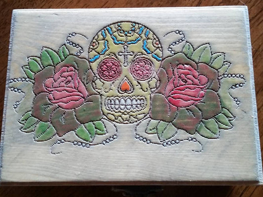 Hand Crafted Engraved  Beautiful Sugar Skull with Roses, Hand Painted Wooden Box, Jewelry,trinket box, Playing Card Box,Memory Box
