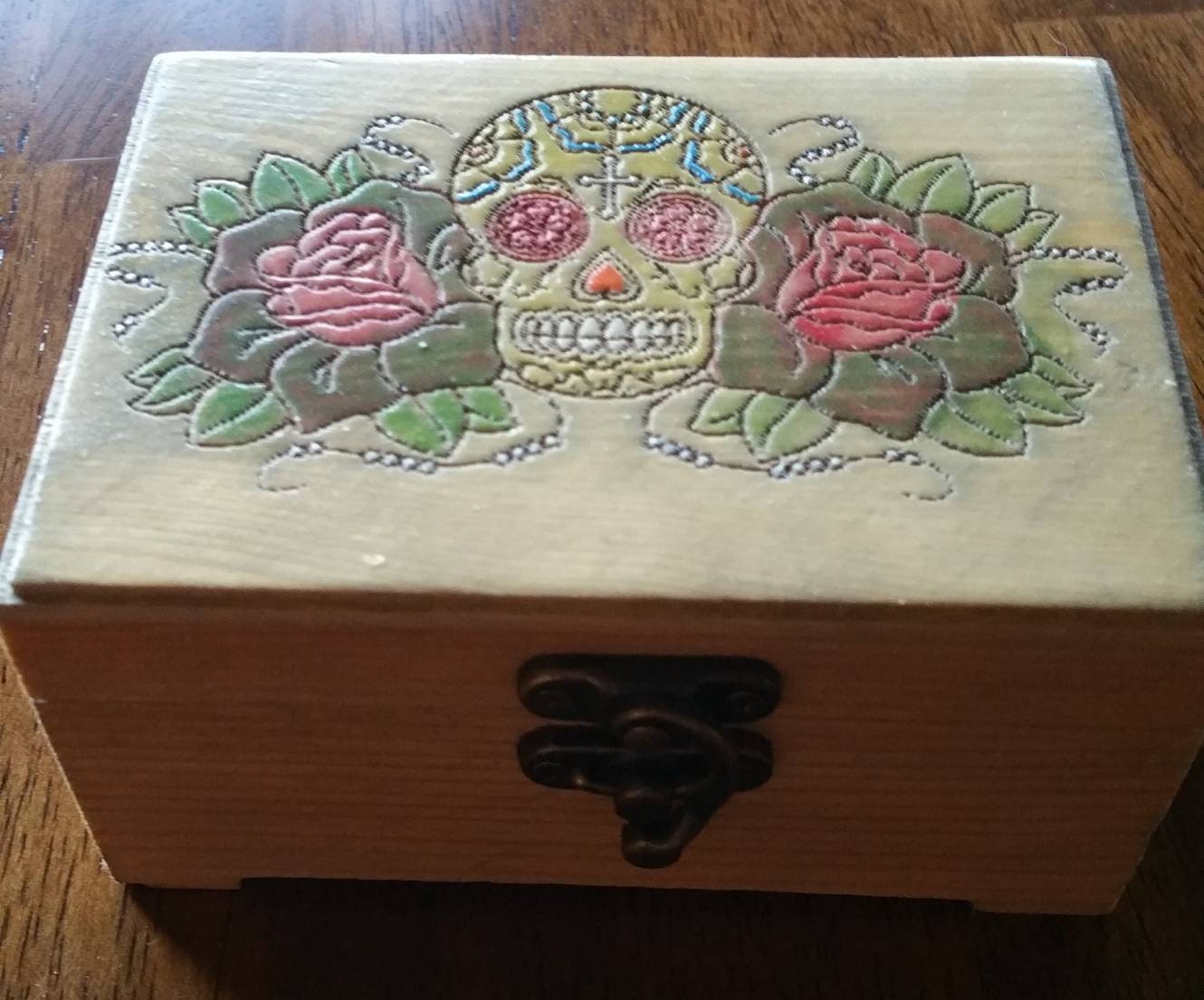 Hand Crafted Engraved  Beautiful Sugar Skull with Roses, Hand Painted Wooden Box, Jewelry,trinket box, Playing Card Box,Memory Box