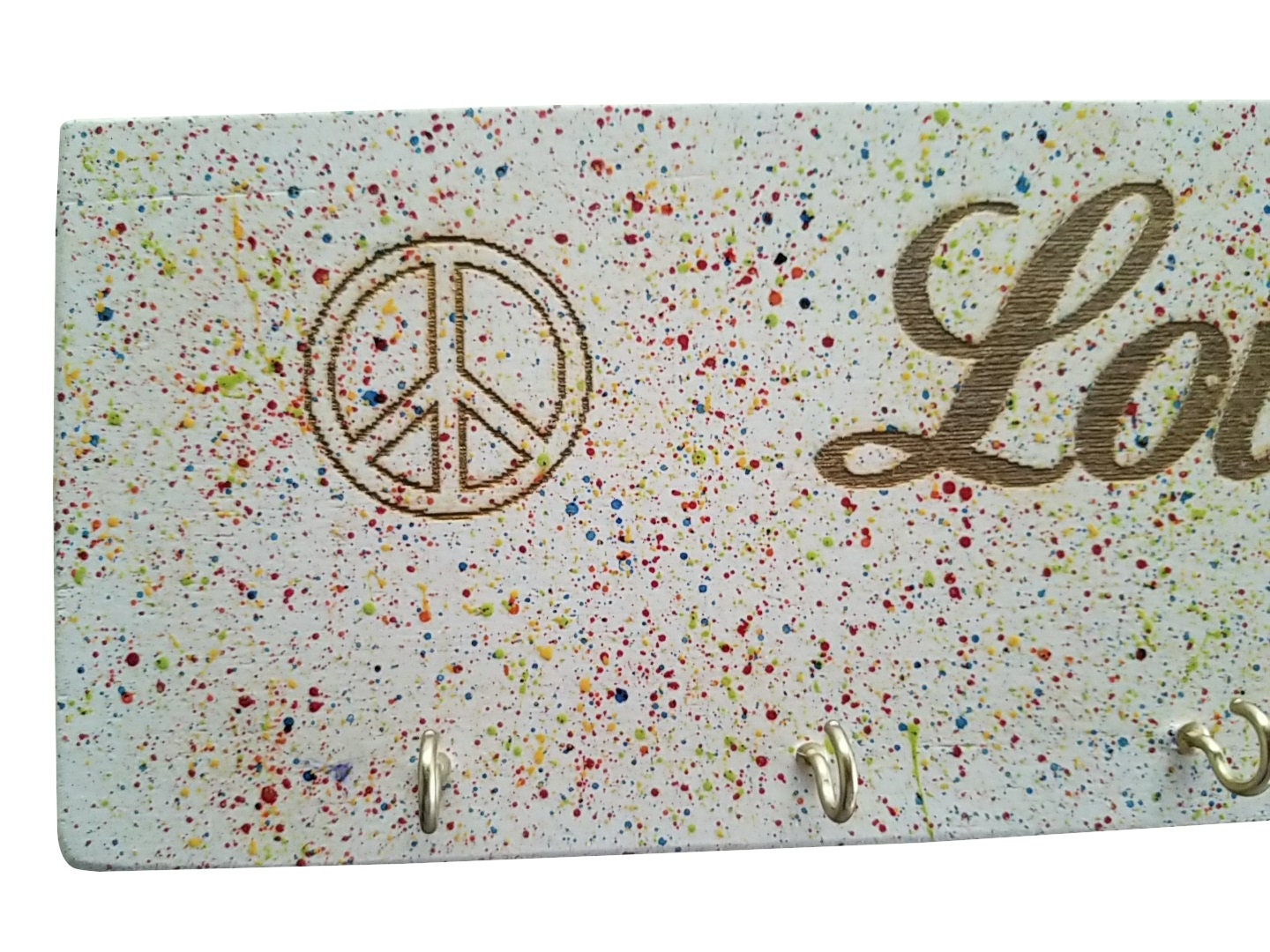 Love with Peace Sign Multi Splat Color Handmade Wooden Key Rack, Key Holder, Key Storage, Love and Peace, Multi Color Key Rack