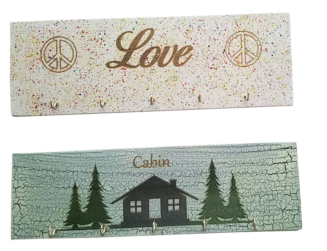 Love with Peace Sign Multi Splat Color Handmade Wooden Key Rack, Key Holder, Key Storage, Love and Peace, Multi Color Key Rack