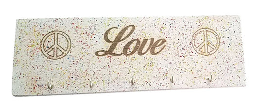 Love with Peace Sign Multi Splat Color Handmade Wooden Key Rack, Key Holder, Key Storage, Love and Peace, Multi Color Key Rack