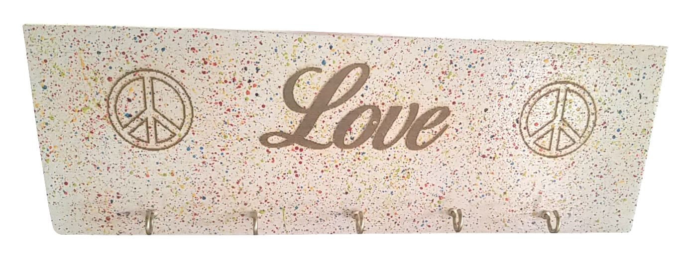 Love with Peace Sign Multi Splat Color Handmade Wooden Key Rack, Key Holder, Key Storage, Love and Peace, Multi Color Key Rack