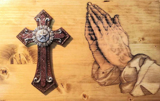 Handmade Wooden Engraved Box With Praying Hands with a 3D Cross. Box Measures