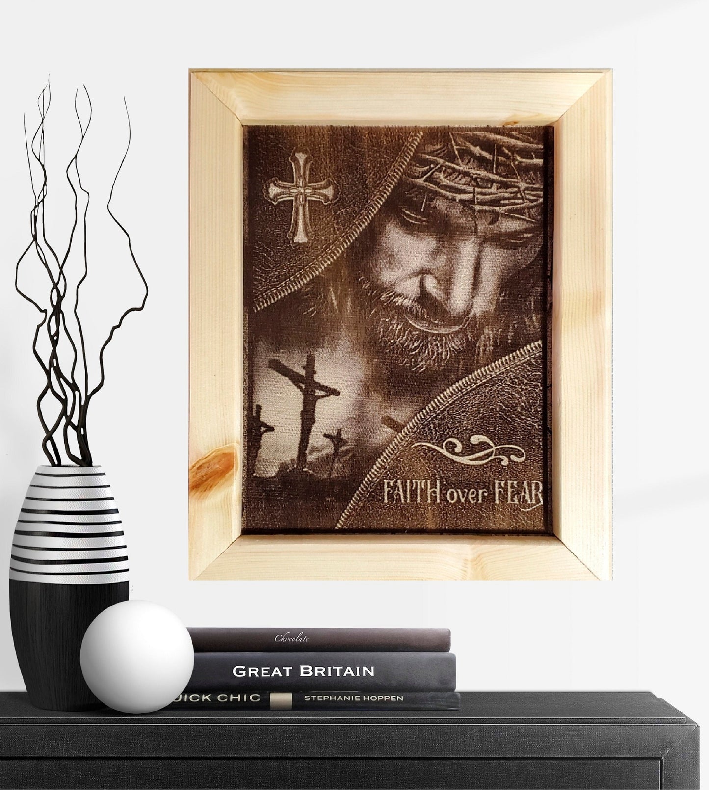 Natural Wood Engraved Jesus Picture 10x12  "Faith Over Fear"