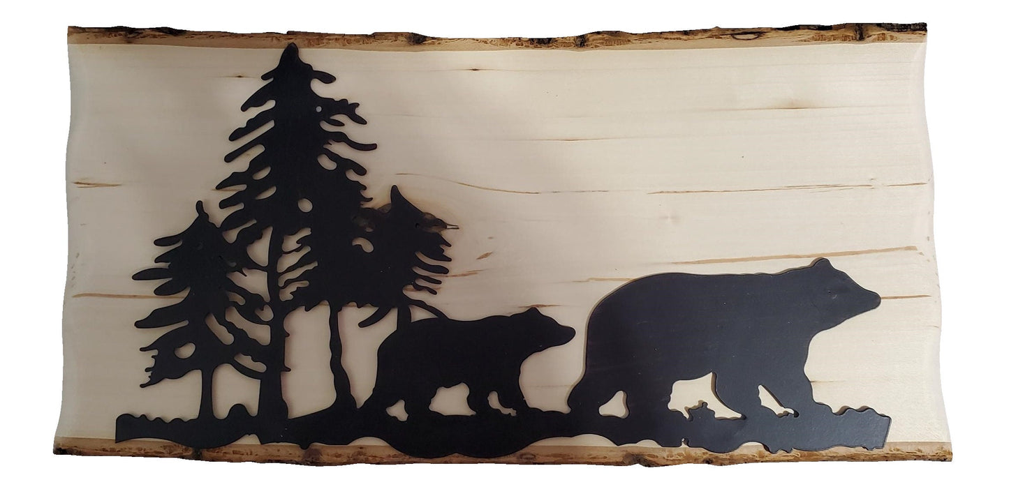 Momma Bear and Baby Bear With Mountains and Trees One of a Kind Live Edge Wood Engraved Name Sign With Metal 18x9