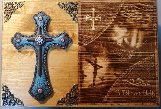 Faith Over Fear Engraved Jesus Handmade Wooden Bible Box with Blue Cross, Memory Box, Religious Box, Bible Case, Memorial Box, Keepsake Box