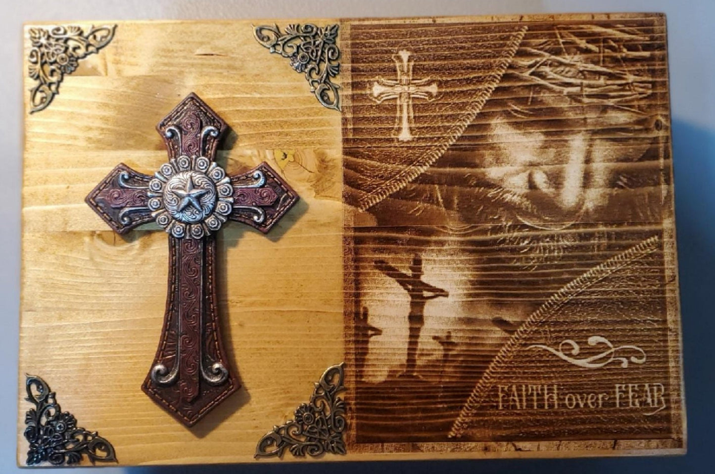 Engraved Jesus Handmade Wooden Bible Box with Brown Cross "Faith Over Fear" Memory Box, Religious Box, Bible Case, Memorial Box, Keepsake
