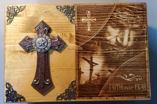 Engraved Jesus Handmade Wooden Bible Box with Brown Cross "Faith Over Fear" Memory Box, Religious Box, Bible Case, Memorial Box, Keepsake