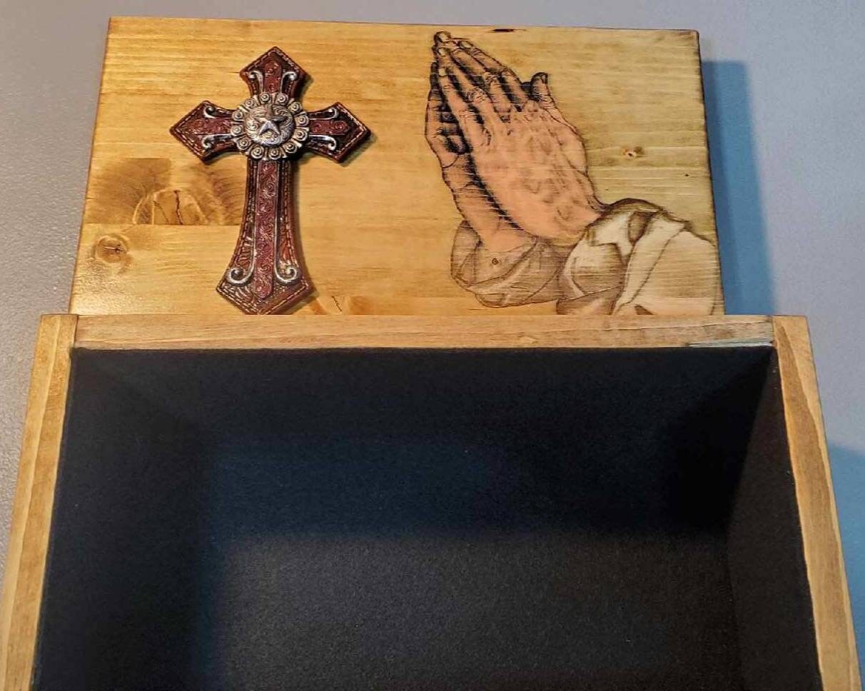 Handmade Wooden Engraved Box With Praying Hands with a 3D Cross. Box Measures