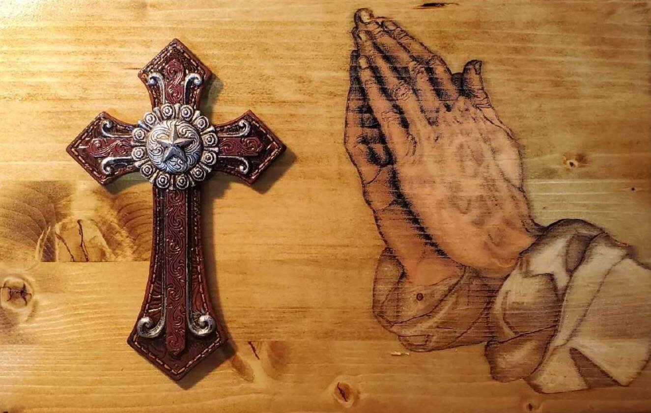 Handmade Wooden Engraved Box With Praying Hands with a 3D Cross. Box Measures