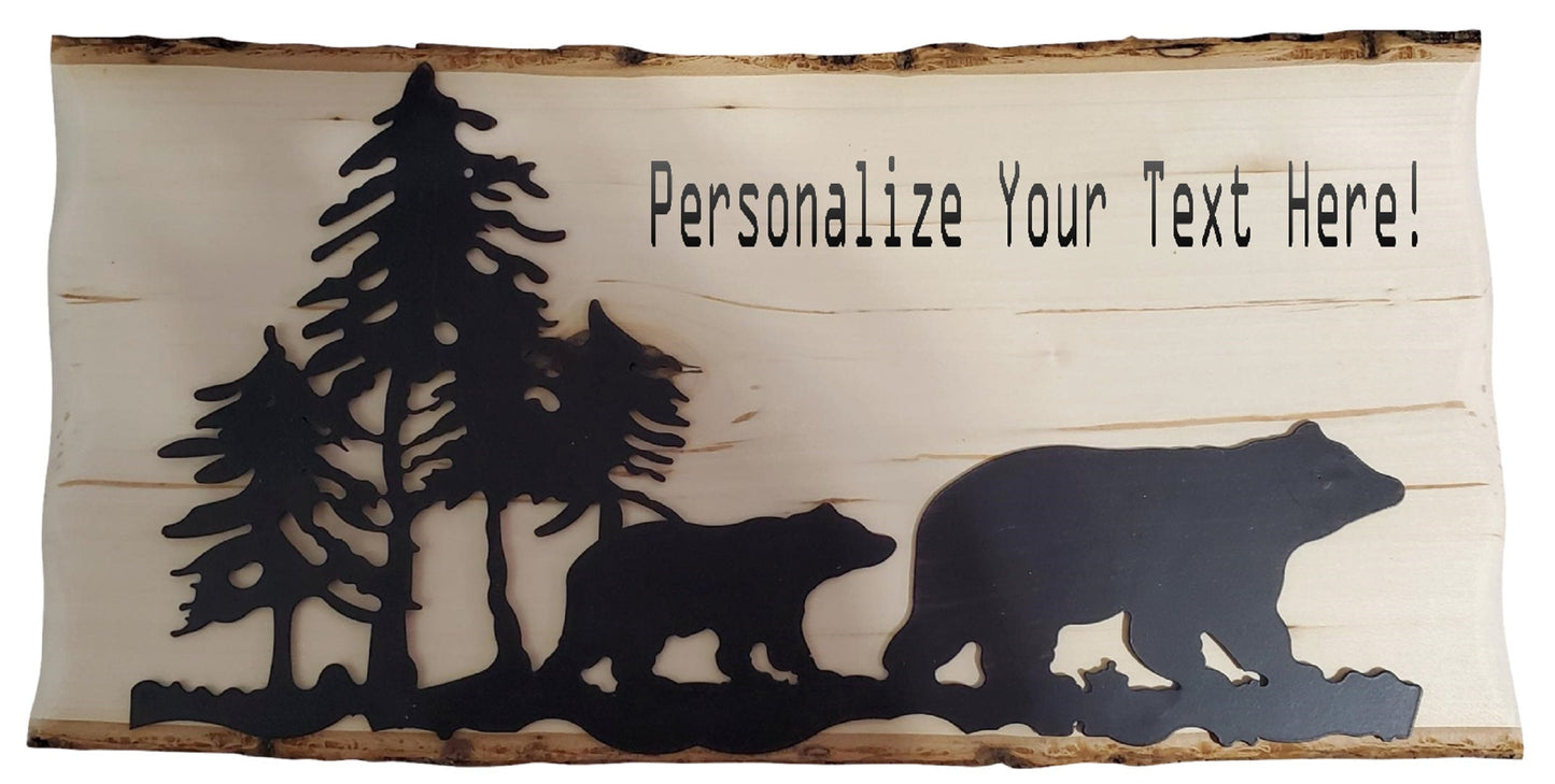 Momma Bear and Baby Bear With Mountains and Trees One of a Kind Live Edge Wood Engraved Name Sign With Metal 18x9