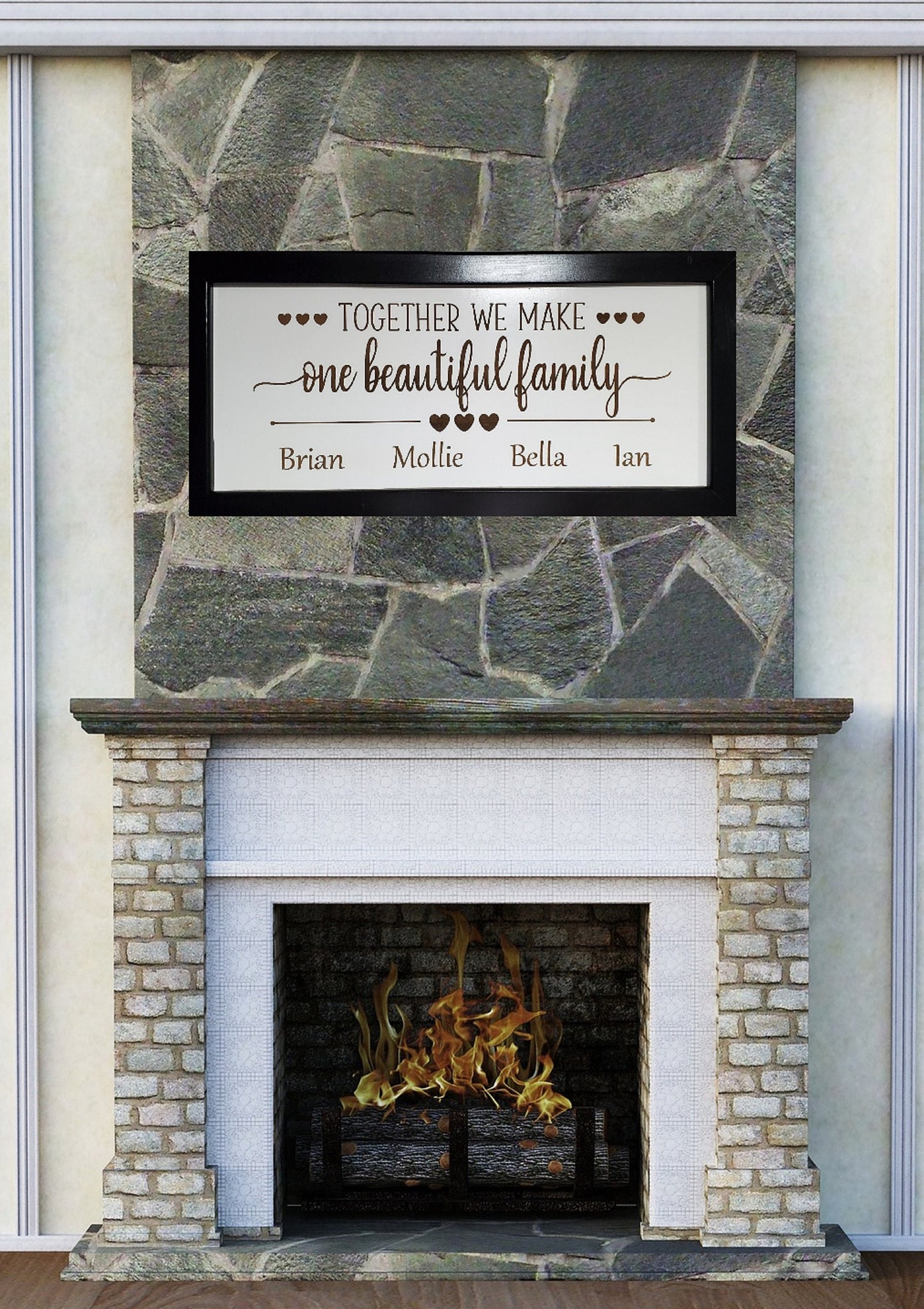 Fireplace Mantel Sign "Together We Make One Beautiful Family" Name Sign Personalized Engraved 26.5 x 13 Framed, New Family, Blended Family