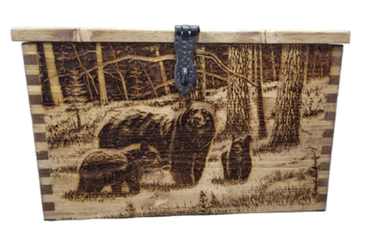 Engraved Wooded  Bear with Cubs Ammo Box, Storage, Shooter's Box, Hunter's Box, Ammo Storage, Box, Wood Box, Handmade, Dovetail Box