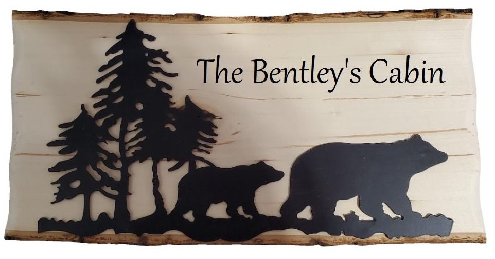 Momma Bear and Baby Bear With Mountains and Trees One of a Kind Live Edge Wood Engraved Name Sign With Metal 18x9