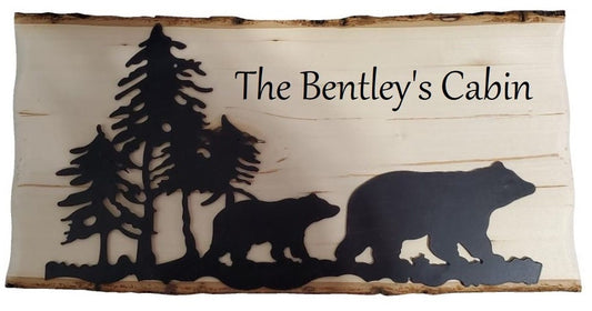 Momma Bear and Baby Bear With Mountains and Trees One of a Kind Live Edge Wood Engraved Name Sign With Metal 18x9