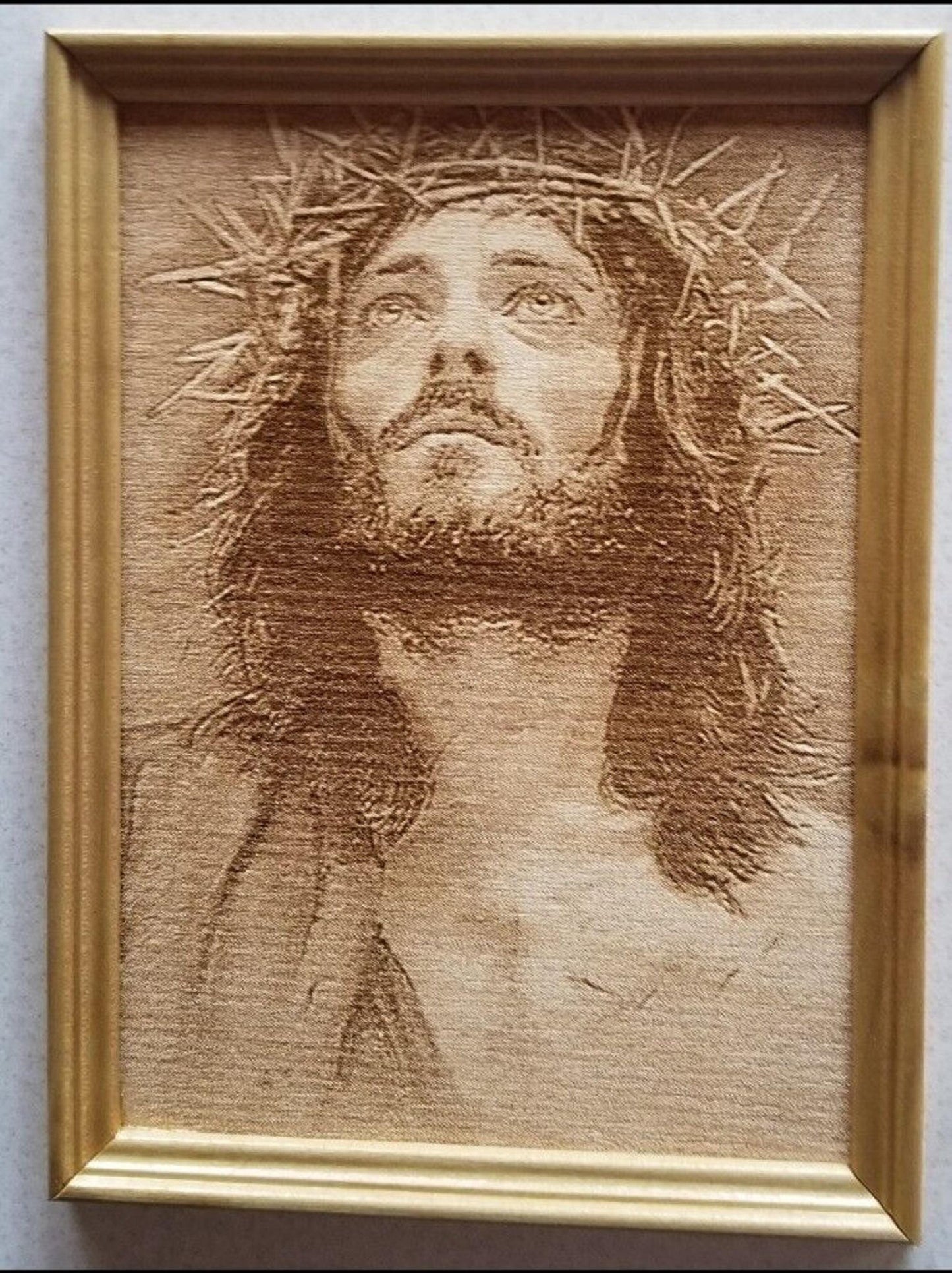 Engraved On Wood Jesus with a crown of thorns 8x10 with Frame Free Shipping