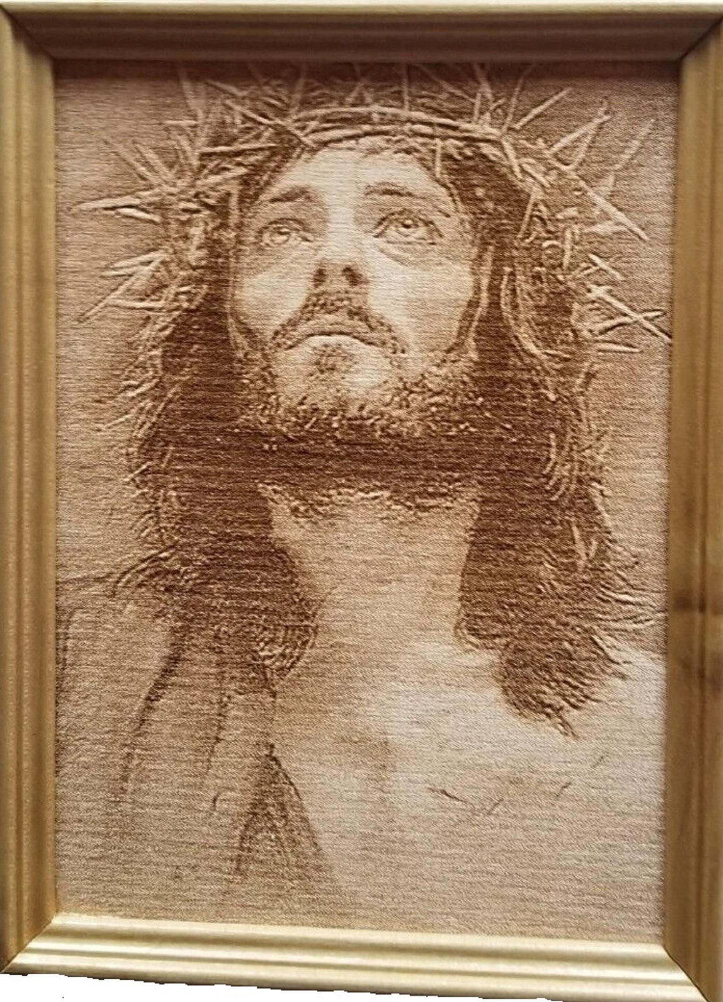 Engraved On Wood Jesus with a crown of thorns 8x10 with Frame Free Shipping