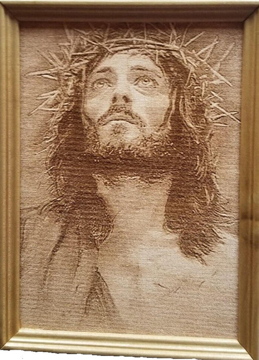 Engraved On Wood Jesus with a crown of thorns 8x10 with Frame Free Shipping