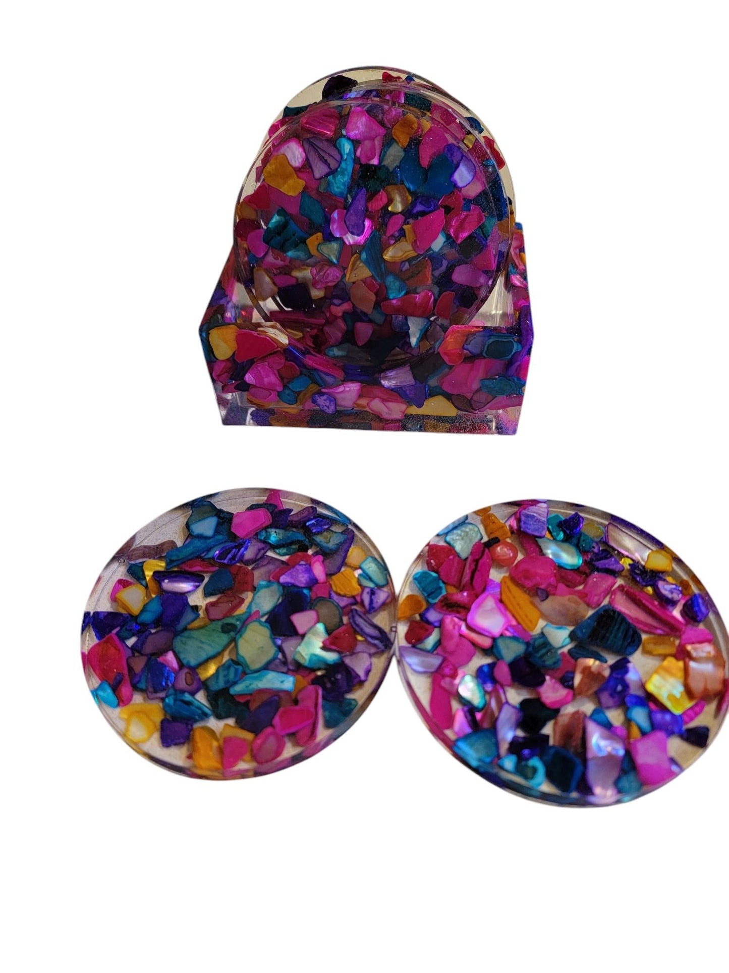 Set of 4 Coasters Multi Color Natural Seashell Chips and Resin Holder, Drink Coaster, Resin Coaster, Seashell, Wedding Birthday, Coaster Set