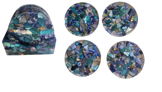 Set of 4 Coasters Blue Color Natural Seashell Chips and Resin Holder, Drink Coaster, Resin Coaster, Seashell, Wedding Birthday, Coaster Set