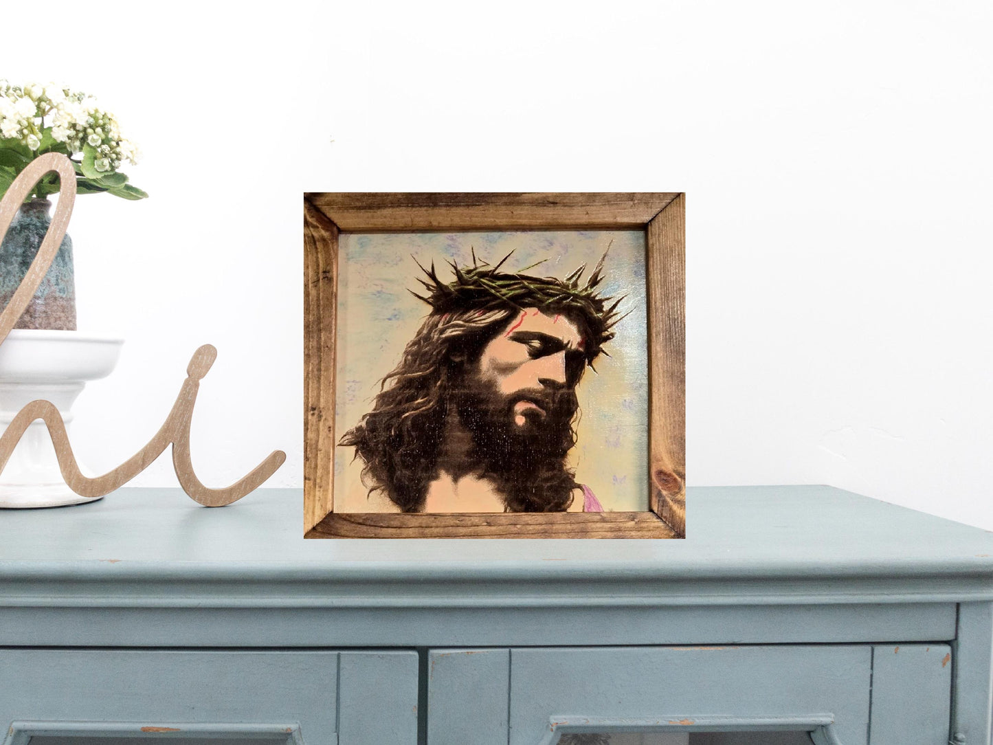 Jesus Crown Of Thorns Art, Jesus Christ Painting, Laser Engraved On Wood Jesus, Jesus Christ Art, Hand Painted Jesus with Crown of Thorns,