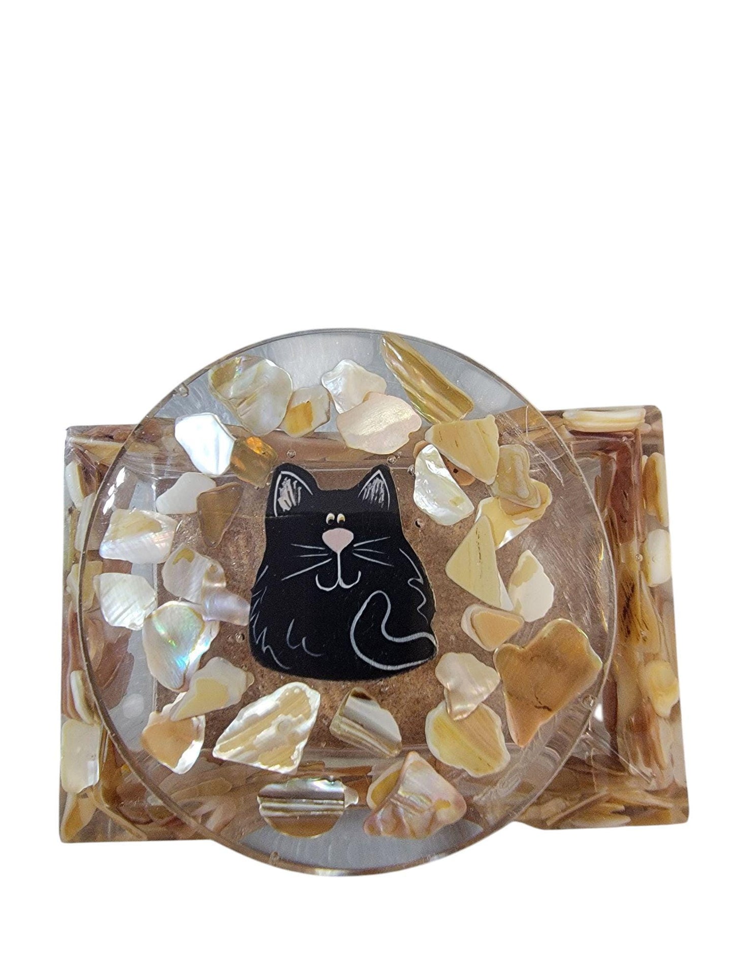 Kitty Cat 4 Coasters Set With Natural Seashell Chips and Resin Holder, One of a Kind, Drink Resin Coaster Set ,Seashell Coasters, Drink