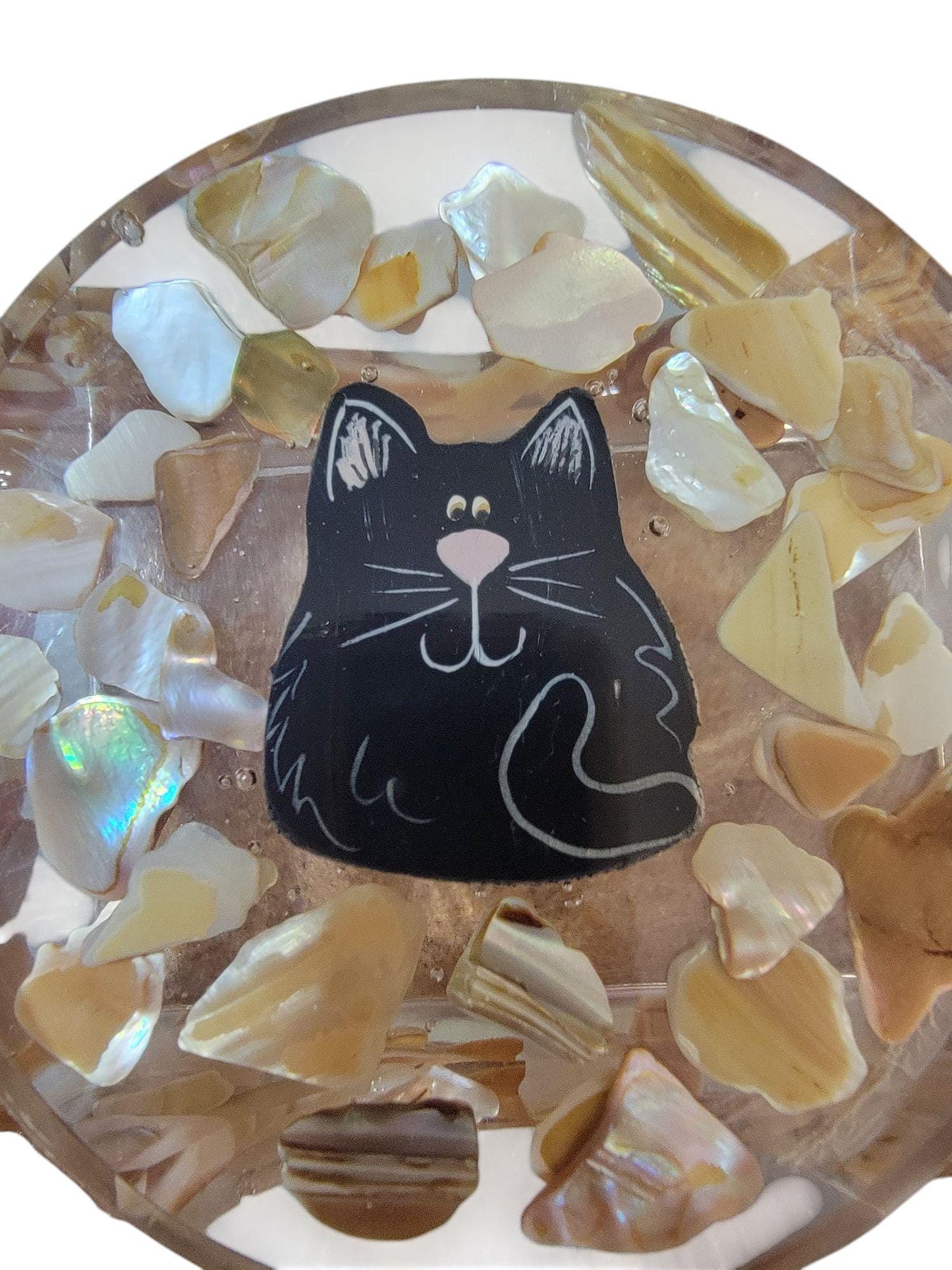 Kitty Cat 4 Coasters Set With Natural Seashell Chips and Resin Holder, One of a Kind, Drink Resin Coaster Set ,Seashell Coasters, Drink