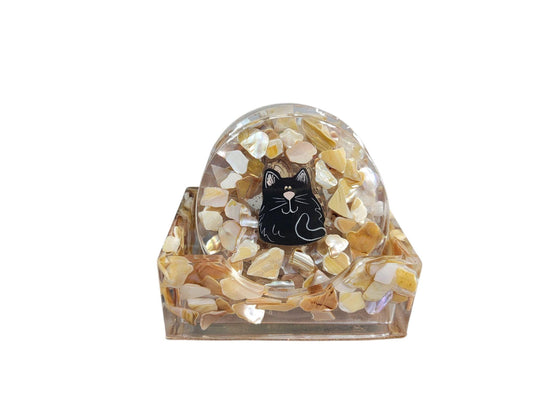Kitty Cat 4 Coasters Set With Natural Seashell Chips and Resin Holder, One of a Kind, Drink Resin Coaster Set ,Seashell Coasters, Drink