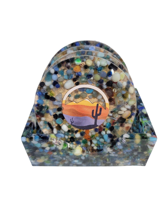 Desert Scene Drink Coasters Set of 4 Multi Color Glass Bead Mix with Resin Holder, Resin Coaster, Glass Beads, One of a Kind, Coaster Set