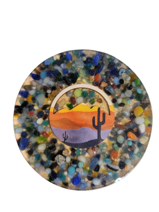 Desert Scene Drink Coasters Set of 4 Multi Color Glass Bead Mix with Resin Holder, Resin Coaster, Glass Beads, One of a Kind, Coaster Set