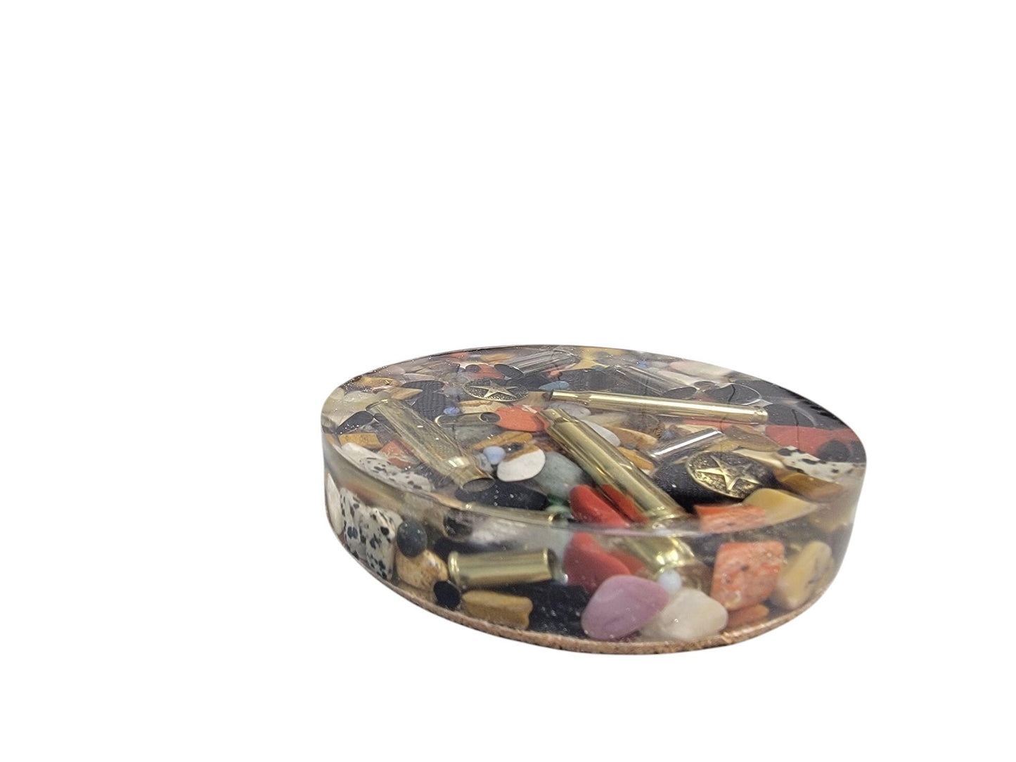 Nature Large Jasper Rocks Drink Coaster, Resin, Genuine Stones, Red Jasper, Yellow Jasper Petrified Wood Obsidian Hematite Brass Cartridge